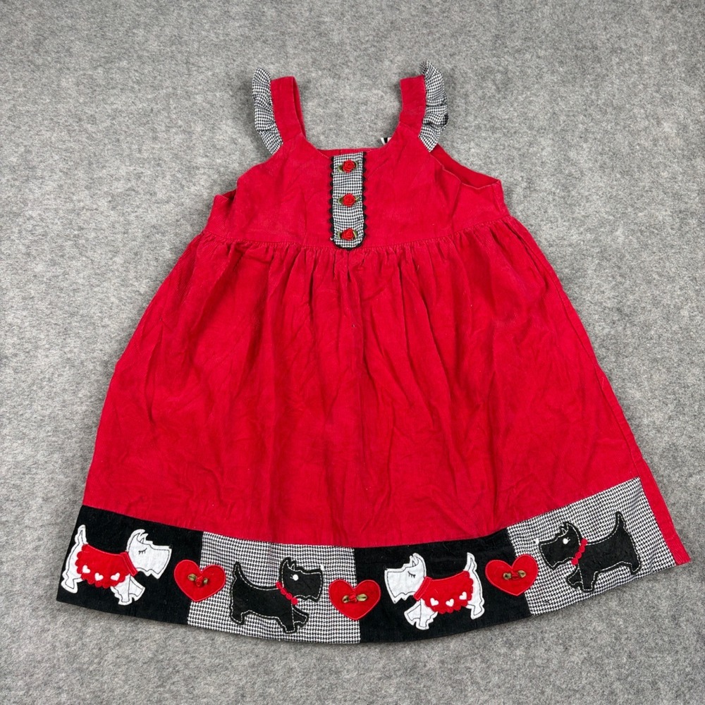 Rare Editions Jumper Girls 6X Red Corduroy Scottie Dog Heart Valentine Dress‎